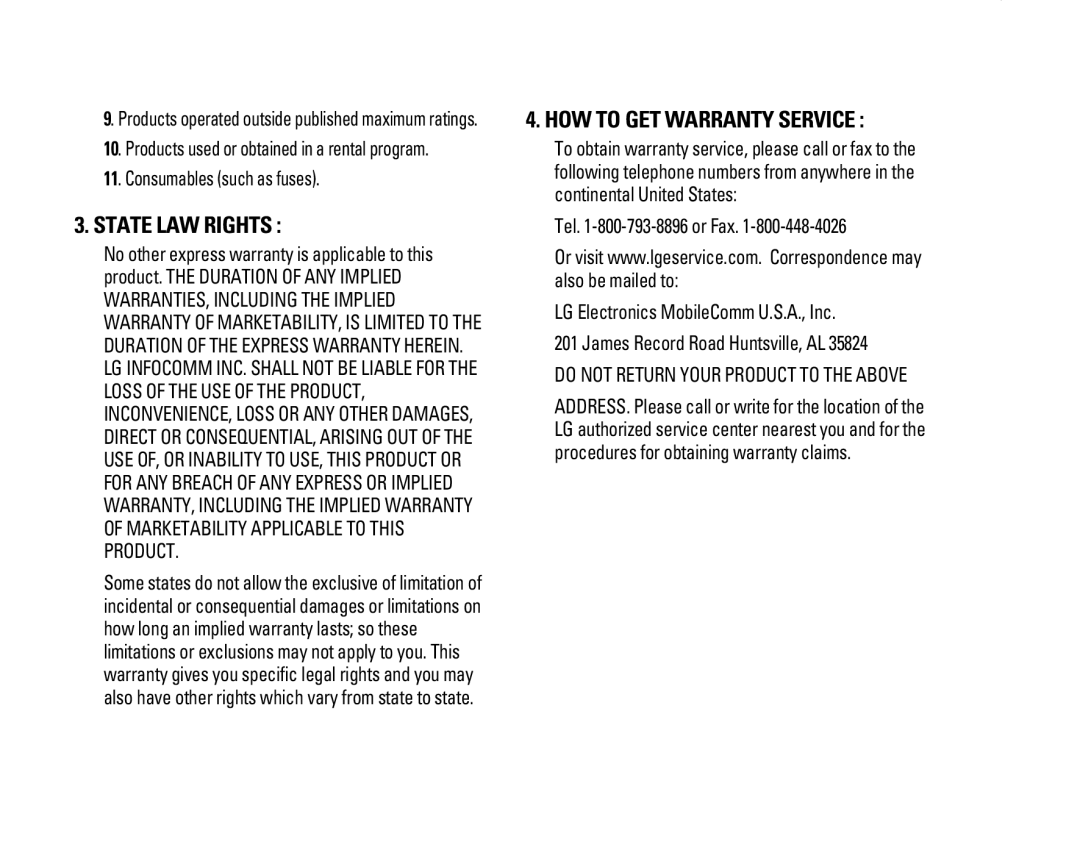 LG Electronics F9200 manual State LAW Rights, Consumables such as fuses 