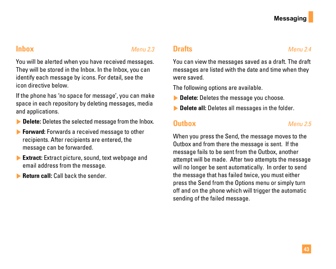LG Electronics F9200 manual Inbox, Drafts, Outbox, Return call Call back the sender 