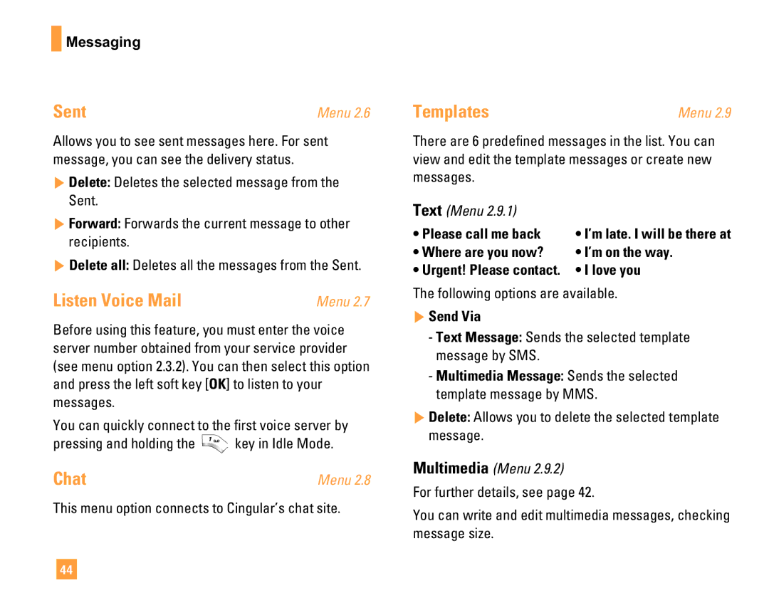 LG Electronics F9200 manual Sent, Listen Voice Mail, Chat, Templates 