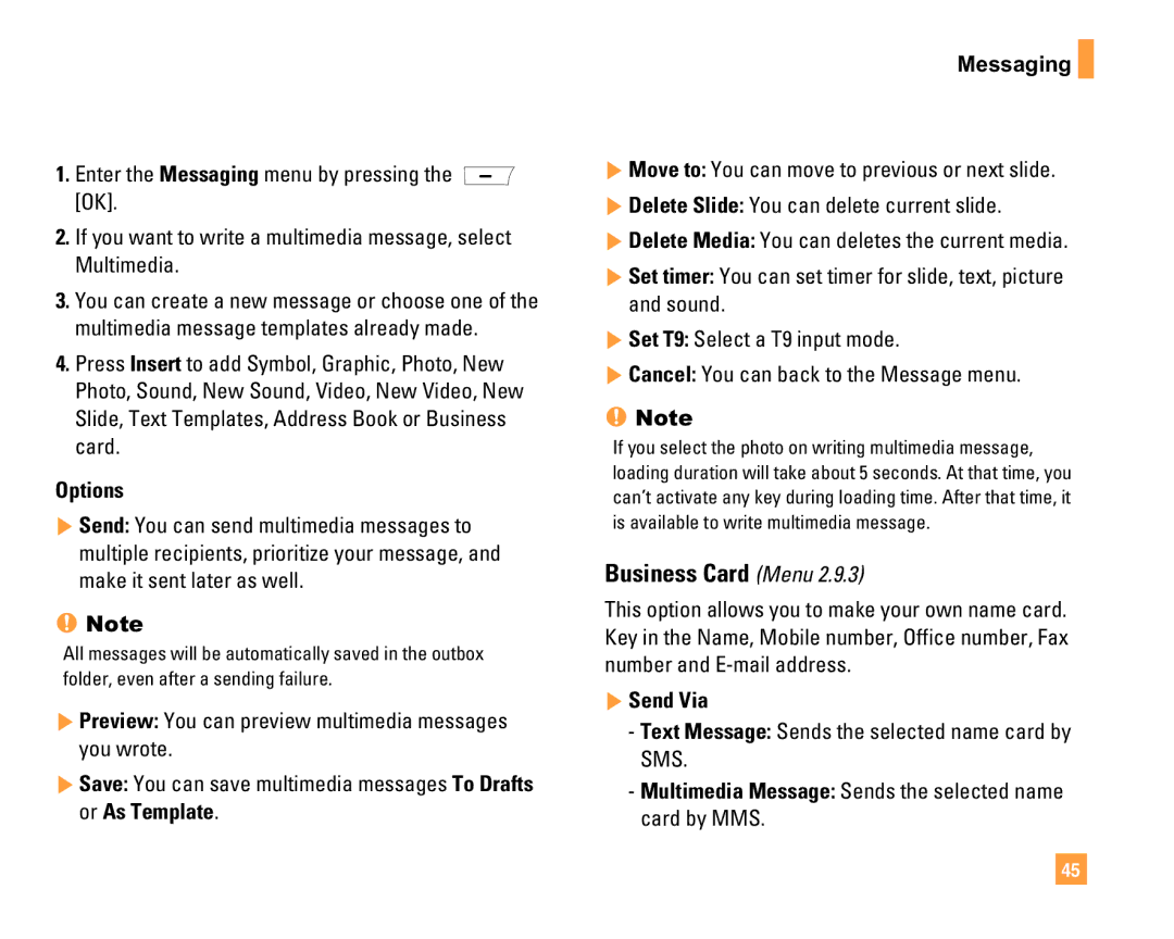 LG Electronics F9200 manual Business Card Menu, Text Message Sends the selected name card by SMS 