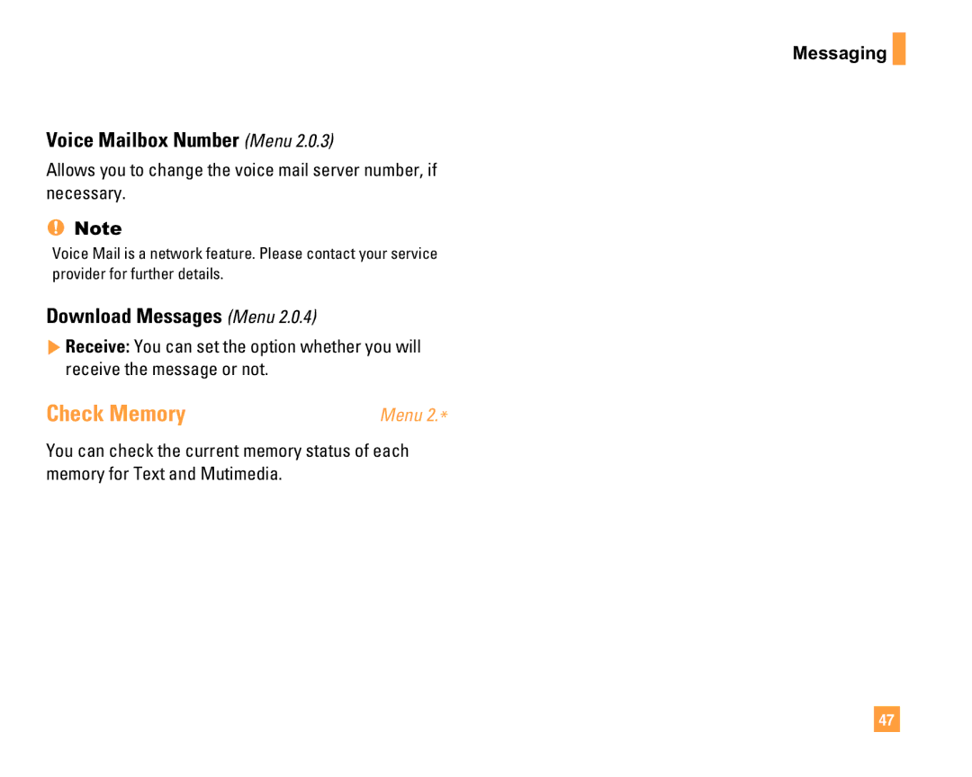 LG Electronics F9200 manual Check Memory, Voice Mailbox Number Menu, Download Messages Menu 