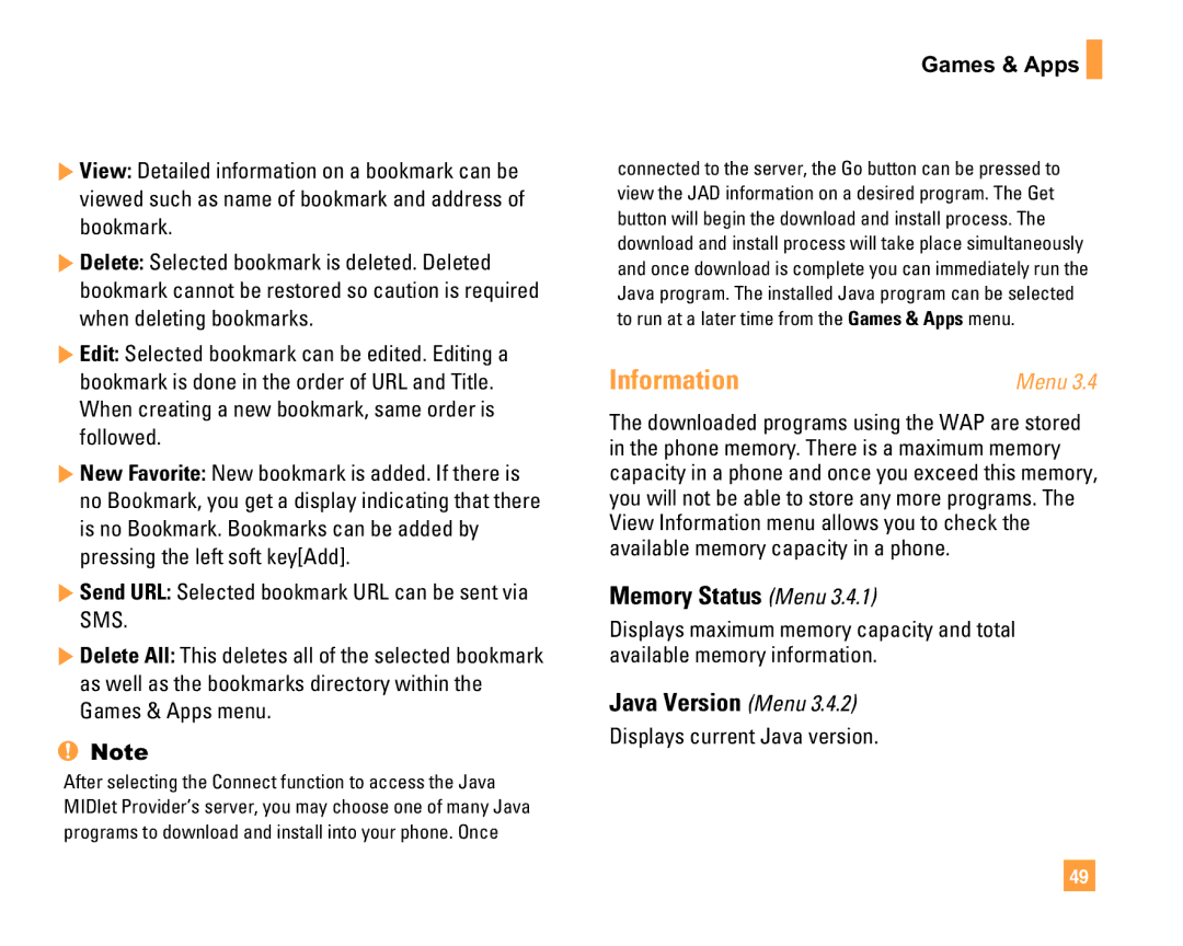 LG Electronics F9200 manual Information, Memory Status Menu, Java Version Menu, Games & Apps, Displays current Java version 