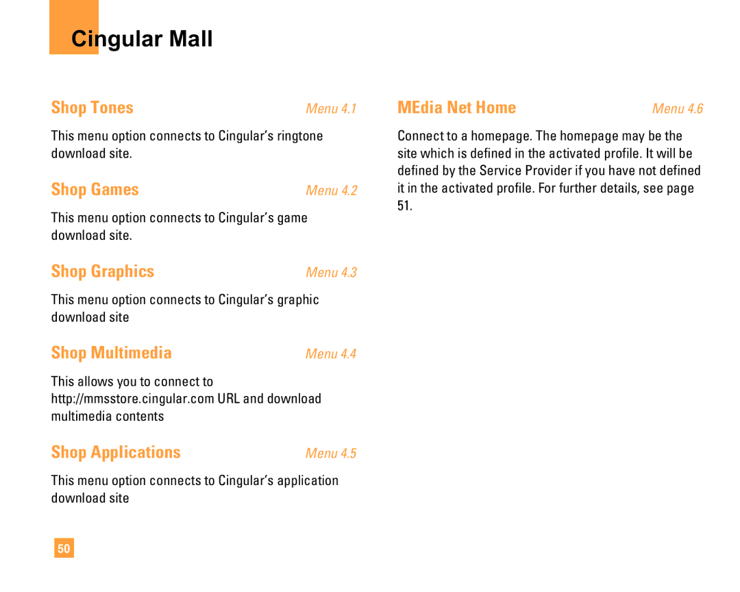 LG Electronics F9200 manual Cingular Mall 