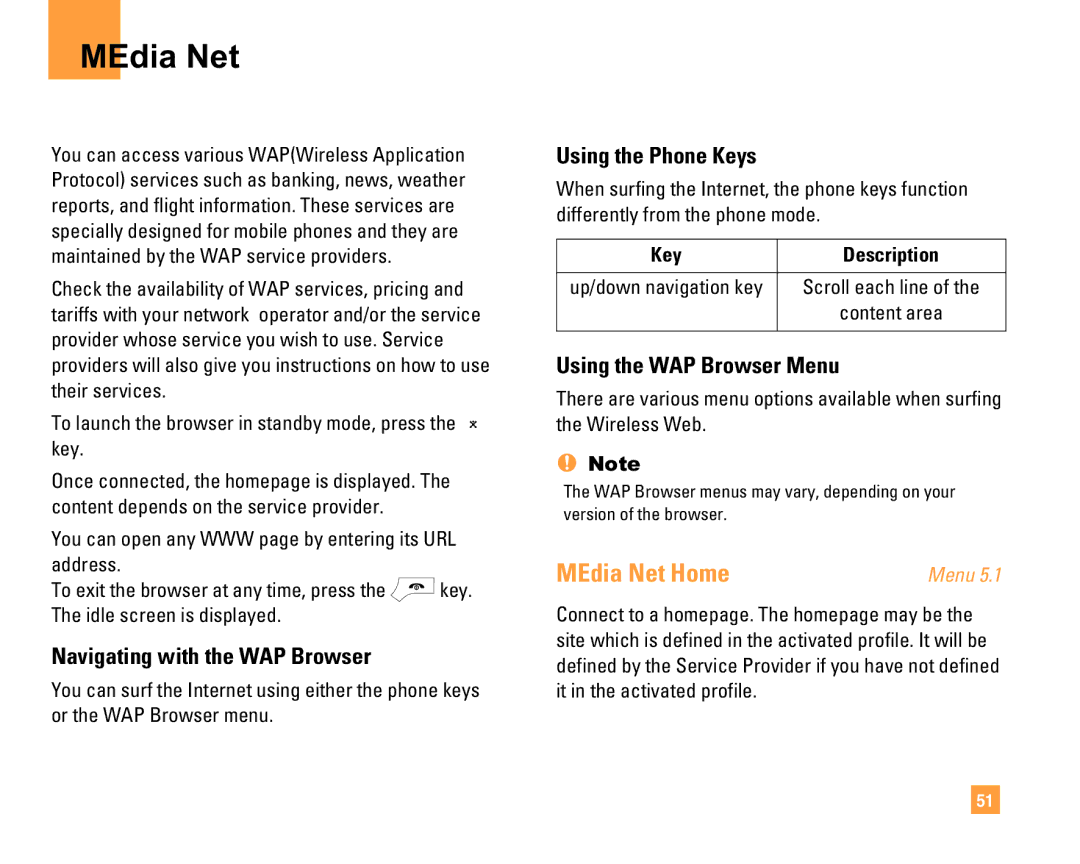 LG Electronics F9200 manual MEdia Net, Navigating with the WAP Browser, Using the Phone Keys, Using the WAP Browser Menu 