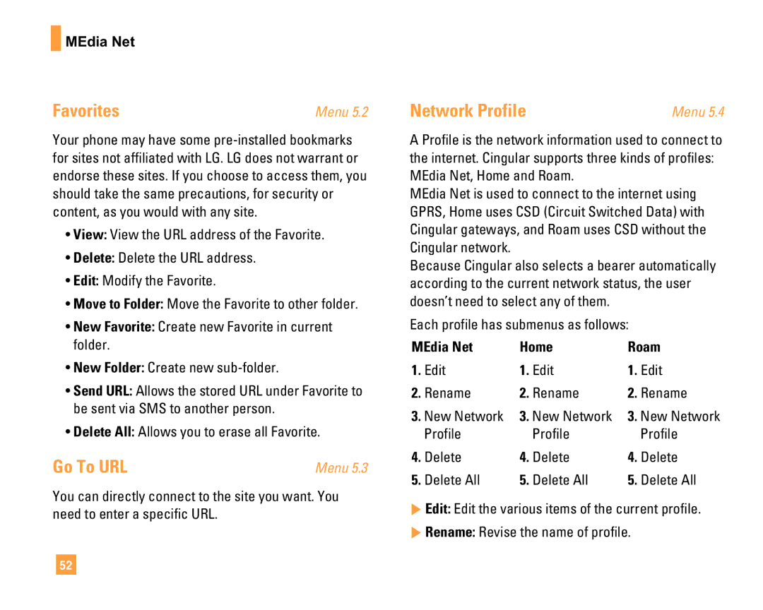 LG Electronics F9200 manual Go To URL, Network Profile, MEdia Net Home Roam 