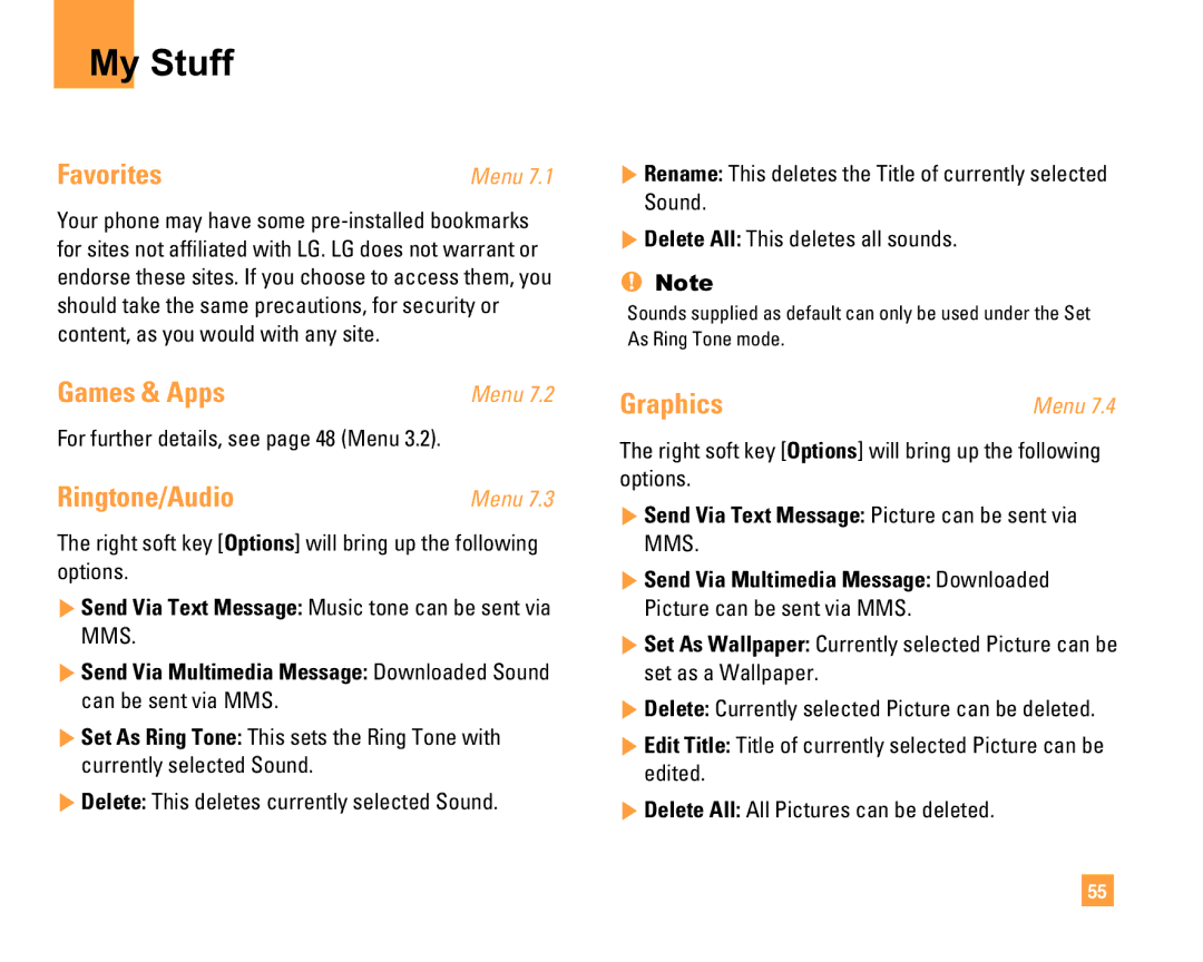 LG Electronics F9200 manual My Stuff, Ringtone/Audio, Graphics, Send Via Text Message Picture can be sent via MMS 