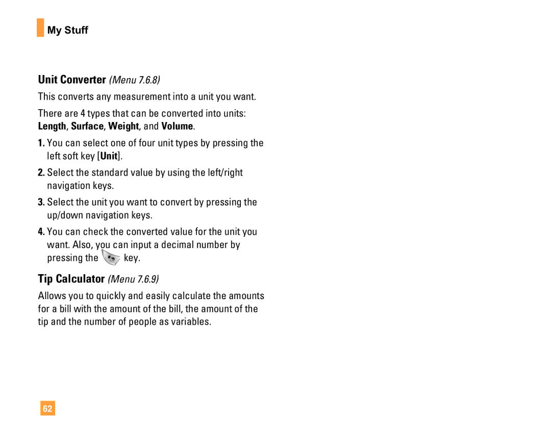 LG Electronics F9200 manual Unit Converter Menu, Tip Calculator Menu, This converts any measurement into a unit you want 