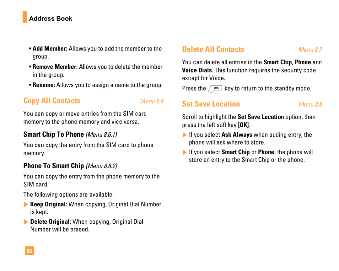 LG Electronics F9200 manual Copy All Contacts, Delete All Contacts, Set Save Location, Smart Chip To Phone Menu 