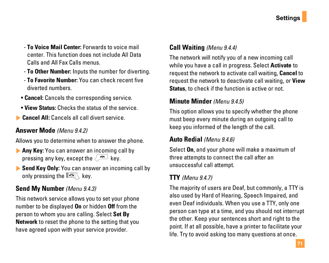 LG Electronics F9200 manual Answer Mode Menu, Send My Number Menu, Call Waiting Menu, Minute Minder Menu, Auto Redial Menu 