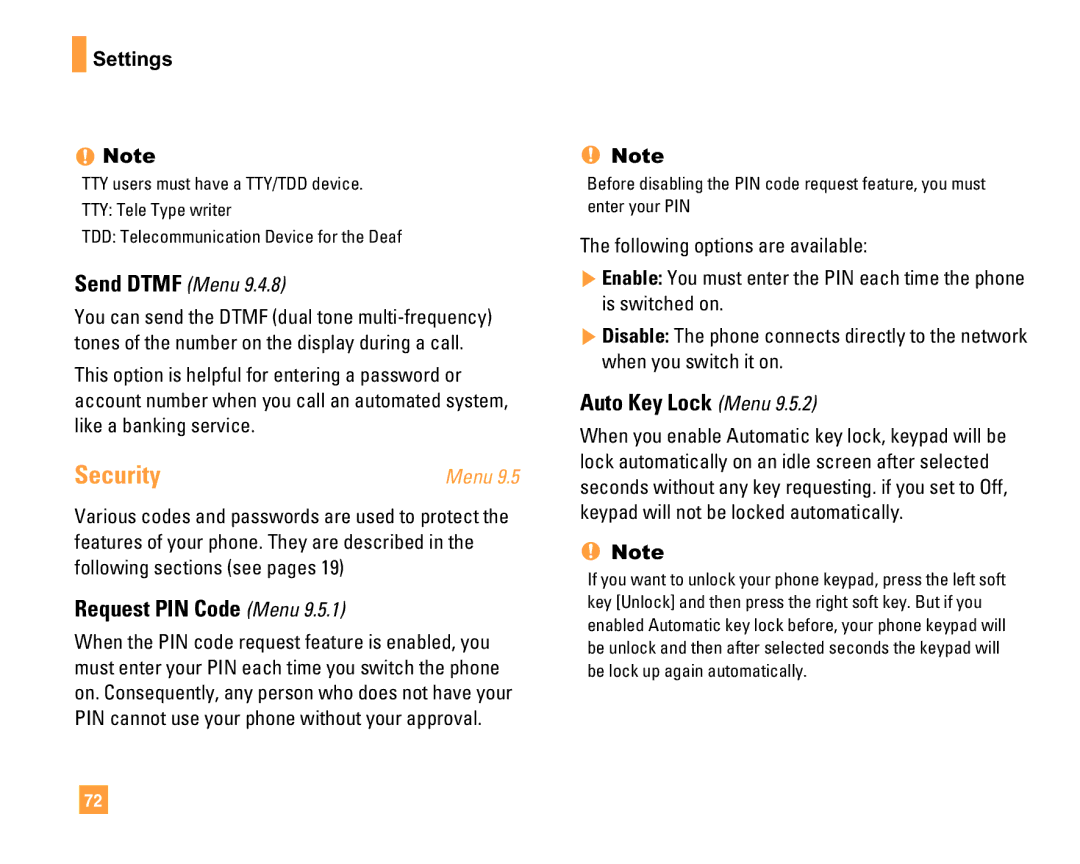 LG Electronics F9200 manual Security, Request PIN Code Menu, Auto Key Lock Menu, Send Dtmf Menu 