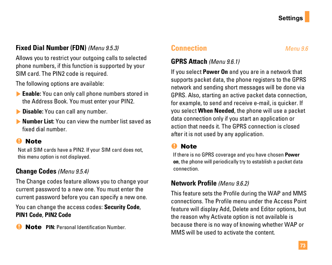 LG Electronics F9200 Connection, Fixed Dial Number FDN Menu, Change Codes Menu, Gprs Attach Menu, Network Profile Menu 
