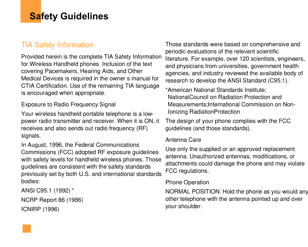 LG Electronics F9200 manual Safety Guidelines, TIA Safety Information, Exposure to Radio Frequency Signal, Antenna Care 