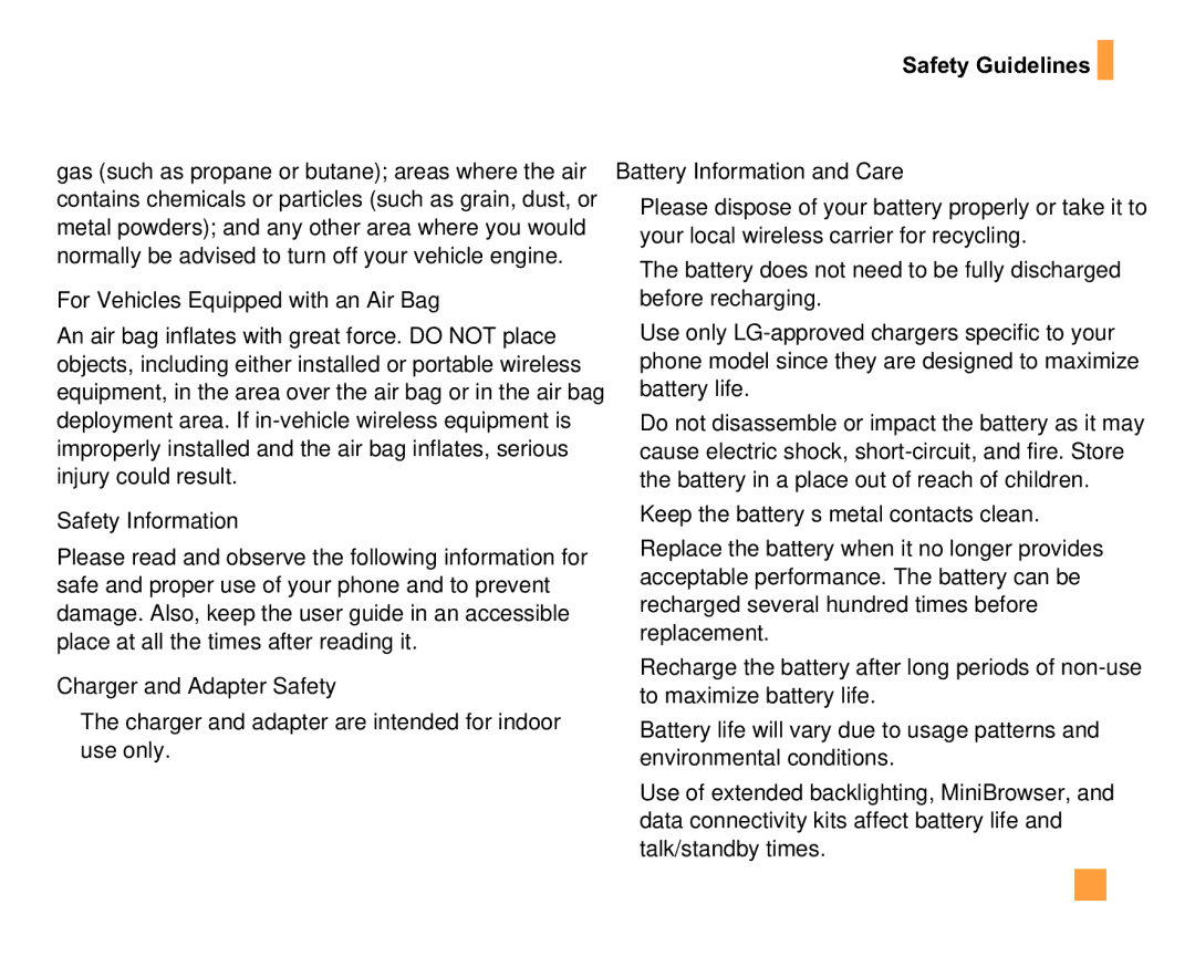 LG Electronics F9200 manual For Vehicles Equipped with an Air Bag, Safety Information, Charger and Adapter Safety 