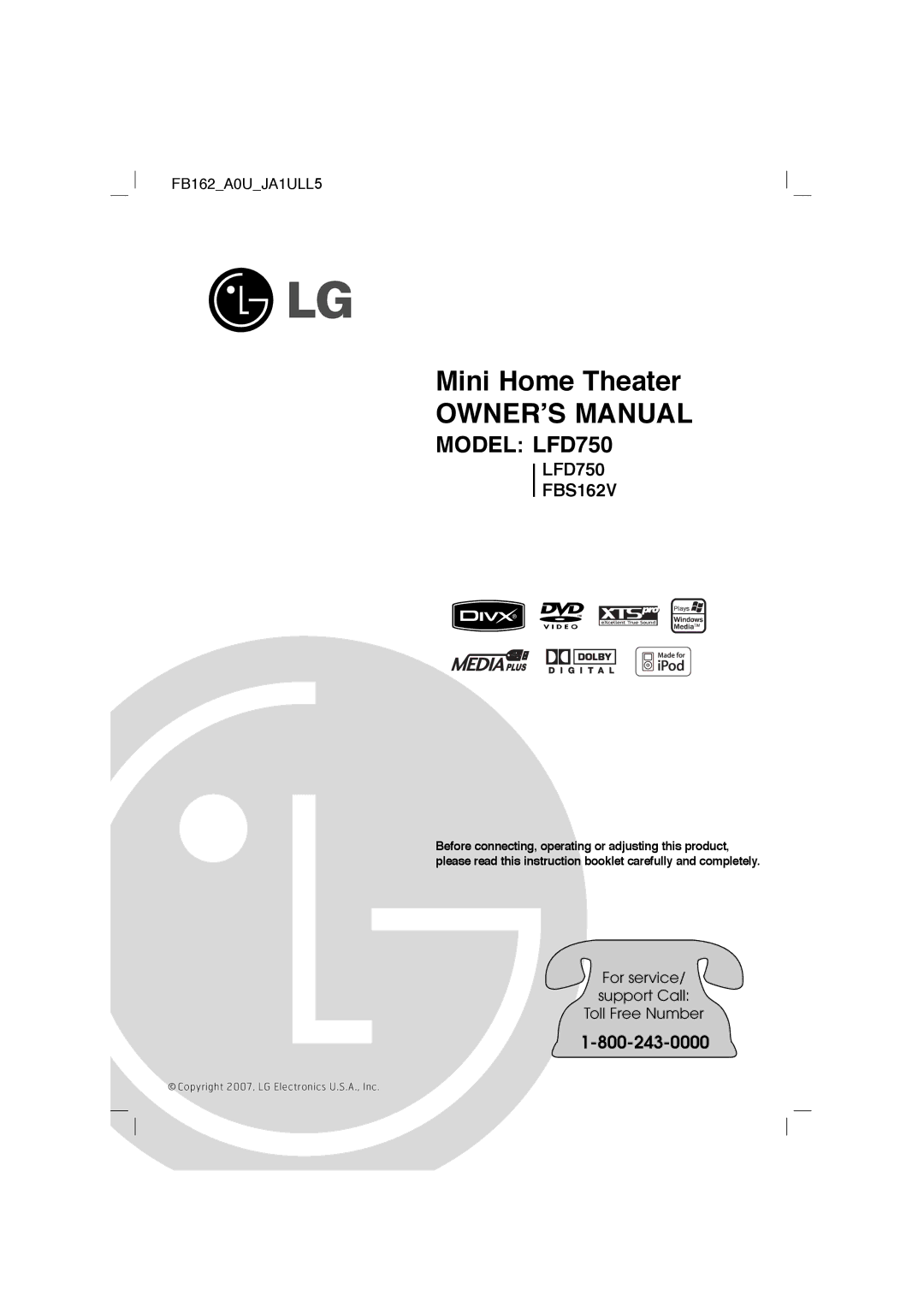 LG Electronics LFD750, FBS162V owner manual Mini Home Theater 