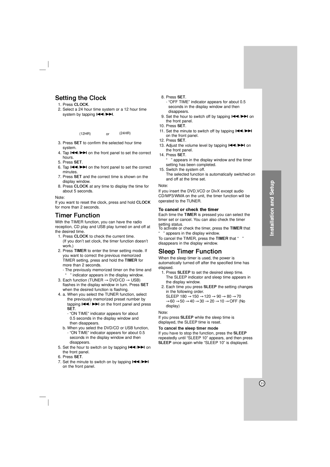 LG Electronics LFD750, FBS162V owner manual Setting the Clock, Sleep Timer Function, To cancel or check the timer 