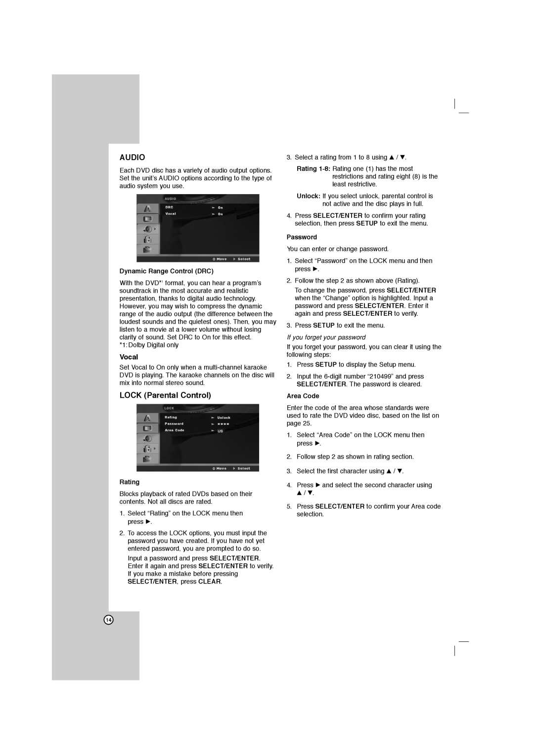 LG Electronics FBS162V, LFD750 owner manual Vocal, Dynamic Range Control DRC, Rating, Password, Area Code 