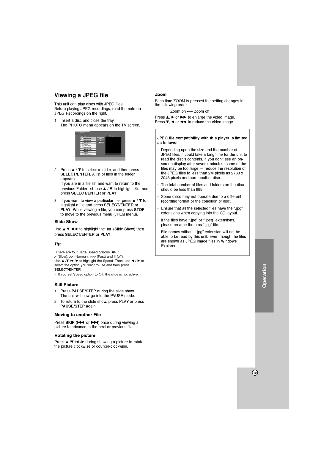 LG Electronics LFD750, FBS162V owner manual Viewing a Jpeg file 