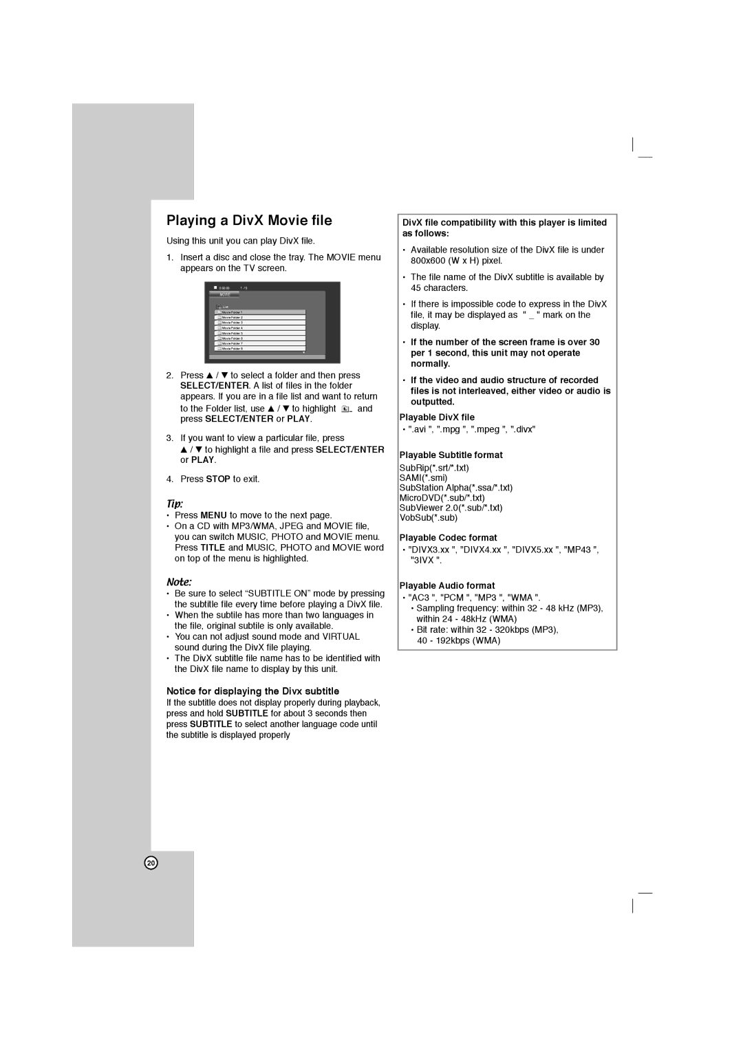 LG Electronics FBS162V, LFD750 owner manual Playing a DivX Movie file, To highlight a file and press SELECT/ENTER or Play 