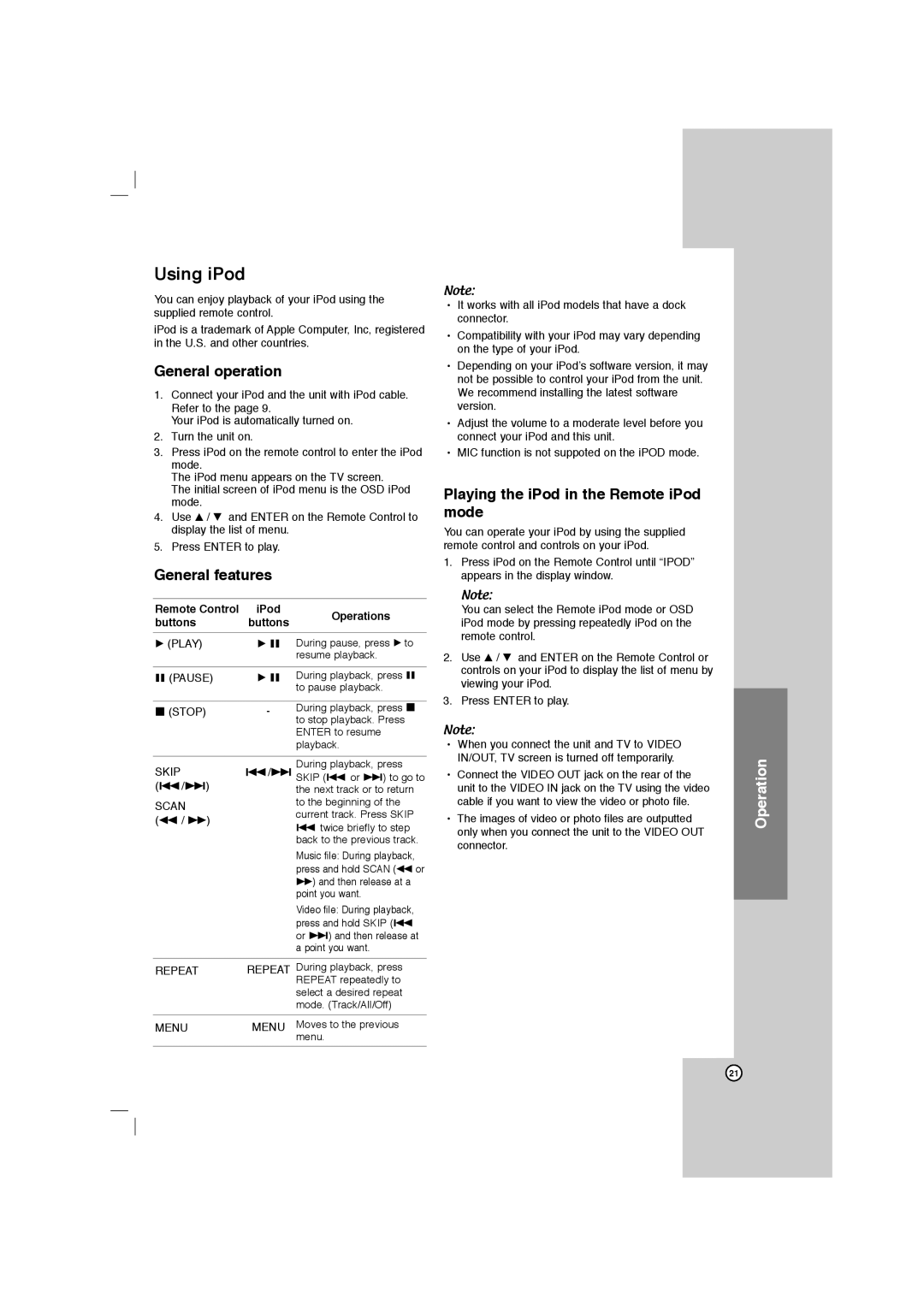 LG Electronics LFD750, FBS162V owner manual Using iPod, Remote Control, Operations, Buttons 