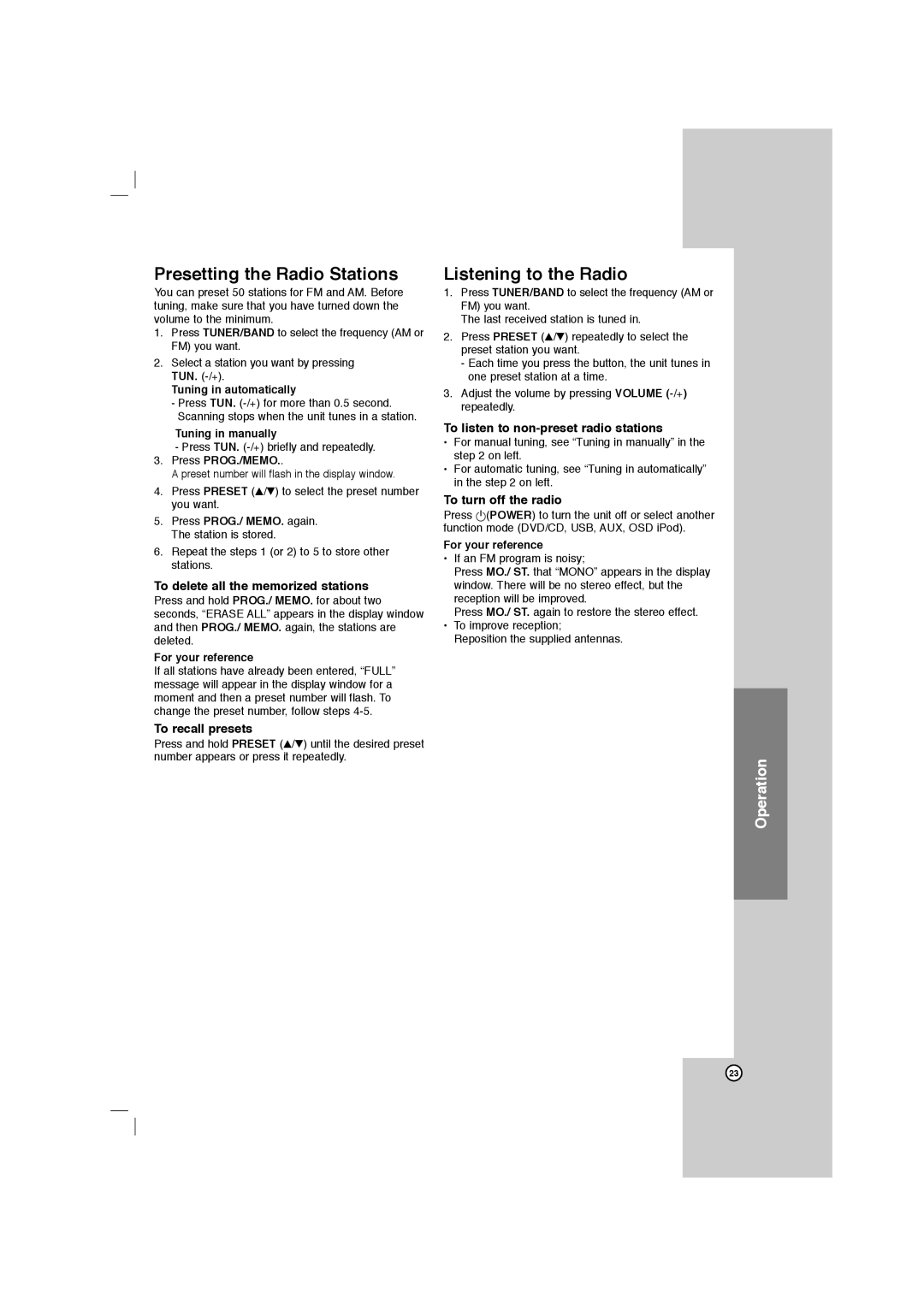 LG Electronics LFD750, FBS162V owner manual Presetting the Radio Stations, Listening to the Radio 