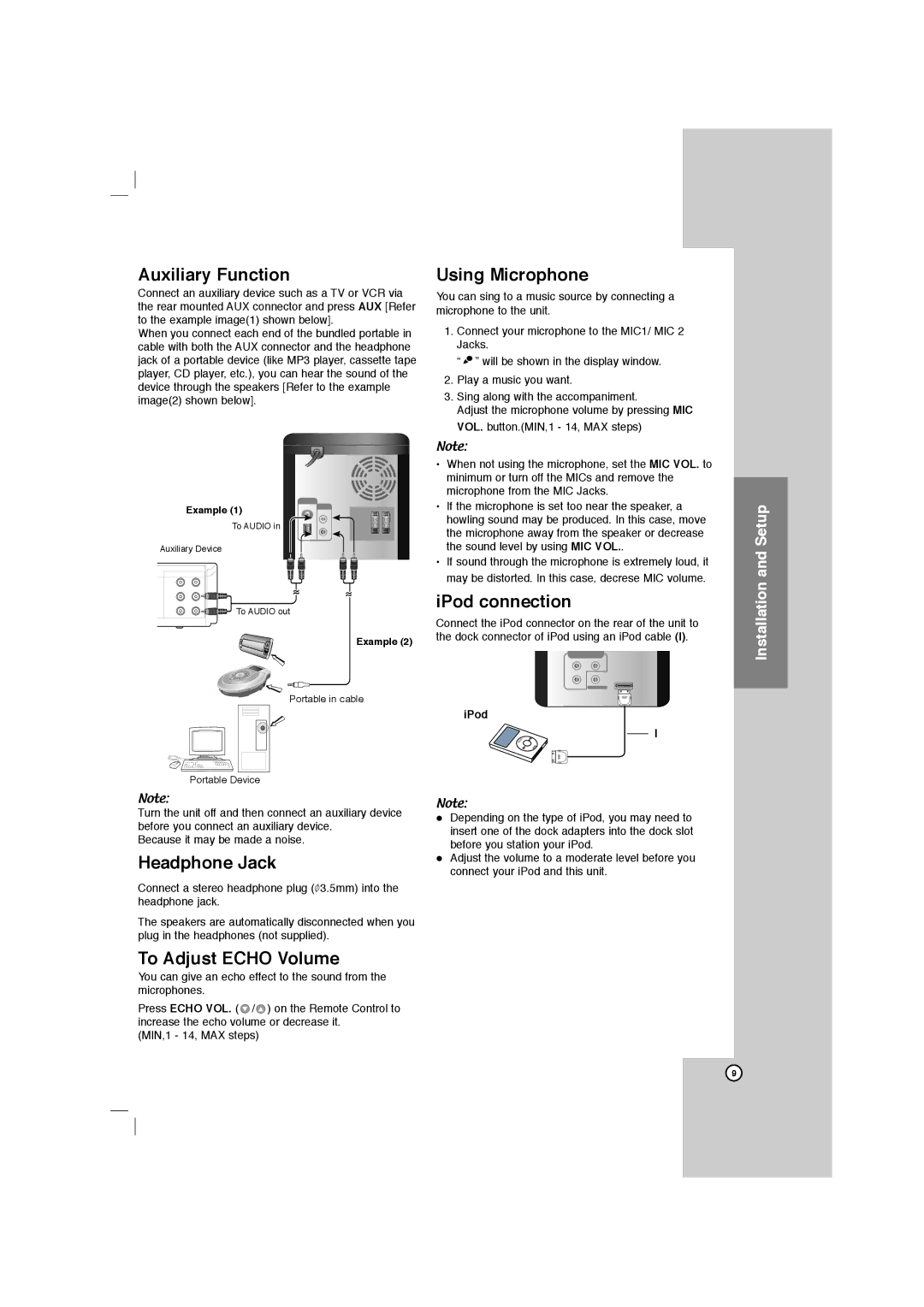 LG Electronics LFD750 Auxiliary Function, Using Microphone, IPod connection, Headphone Jack, To Adjust Echo Volume 