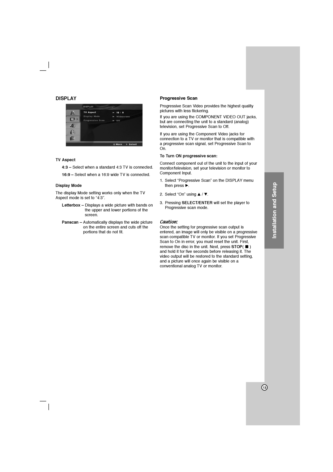LG Electronics LFD750 Installation and Setup, Progressive Scan, TV Aspect, Display Mode, To Turn ON progressive scan 