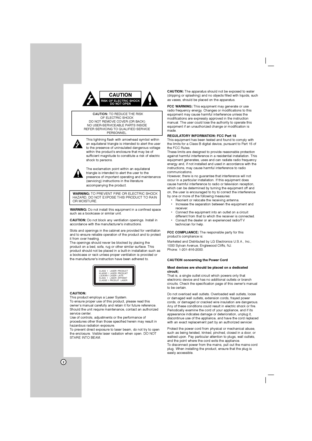 LG Electronics FBS162V, LFD750 owner manual REGULATORY INFORMATION FCC Part, CAUTION concerning the Power Cord 