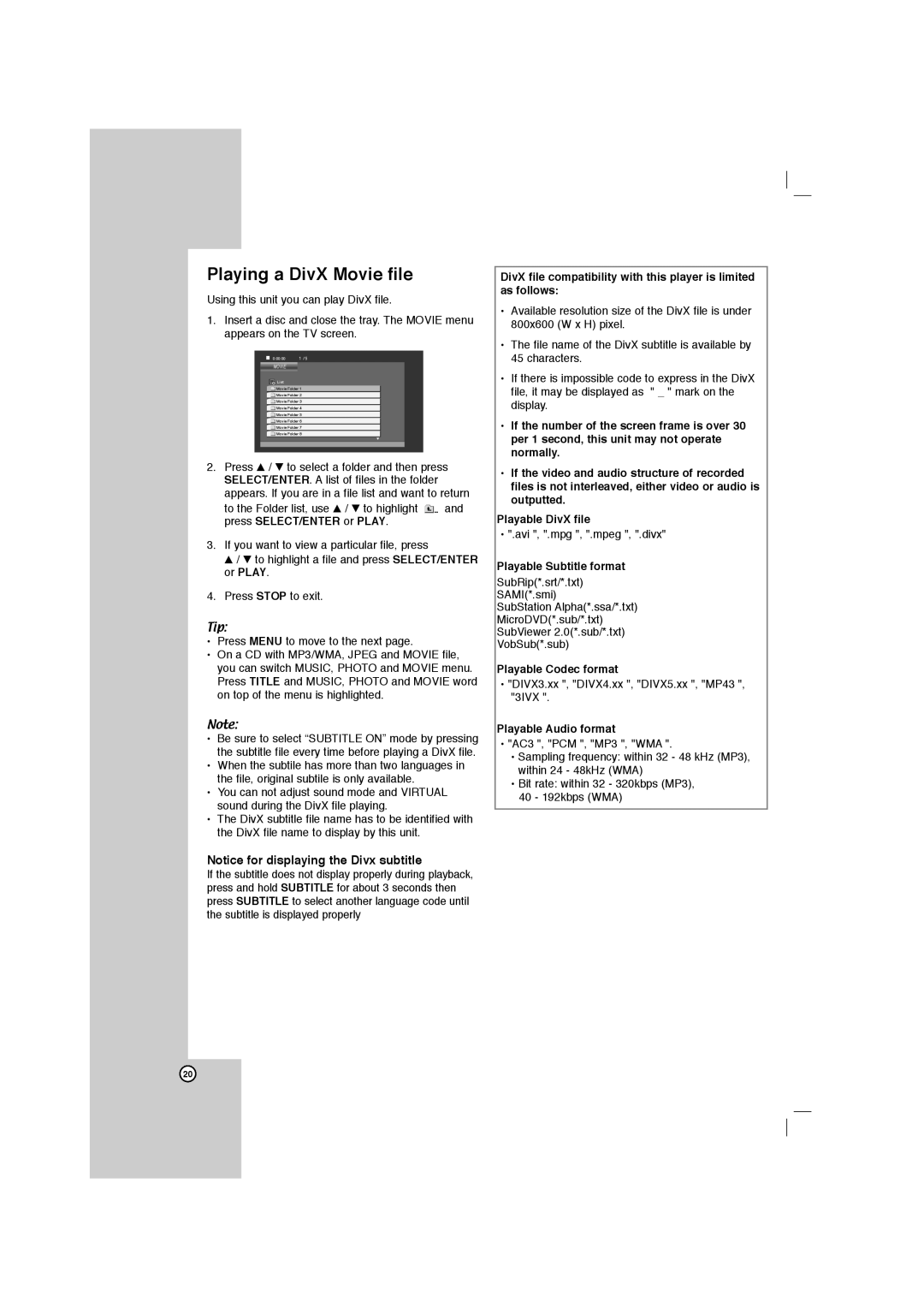 LG Electronics FBS162V, LFD750 Notice for displaying the Divx subtitle, Playable DivX file, Playable Subtitle format 