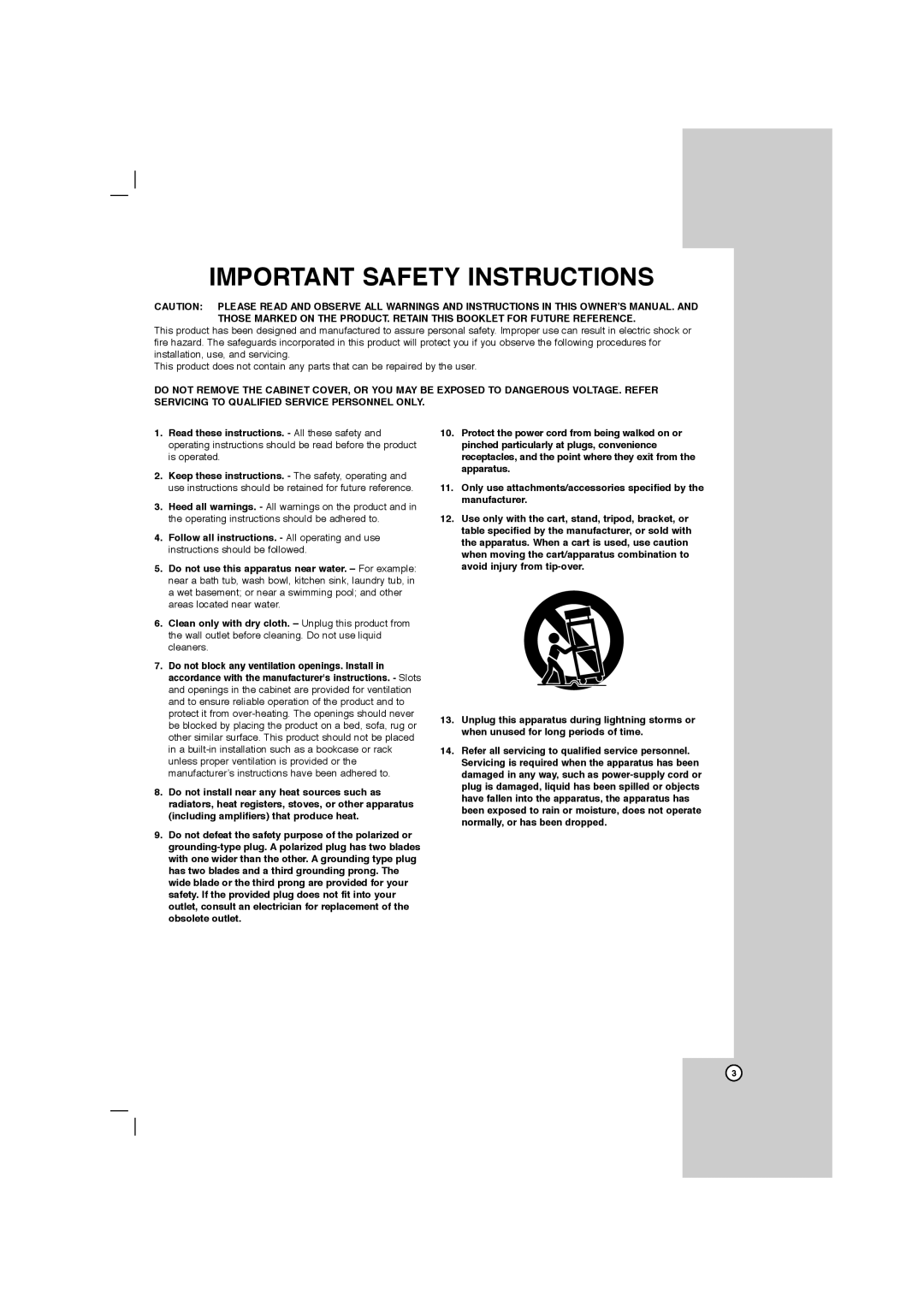 LG Electronics LFD750, FBS162V owner manual Important Safety Instructions 