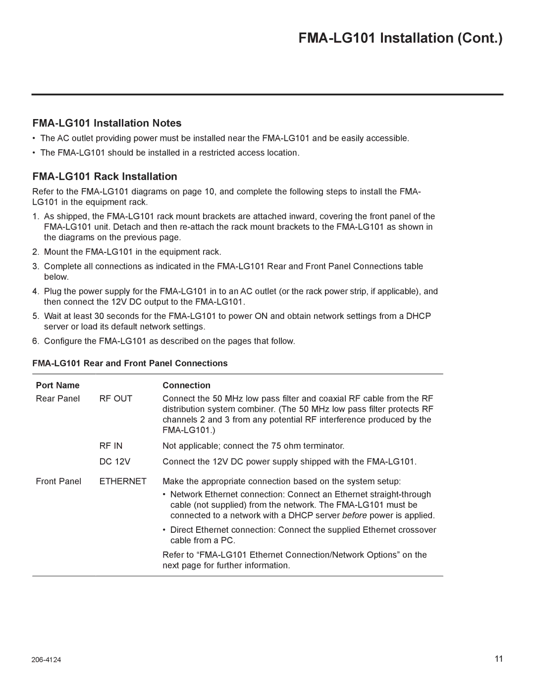 LG Electronics warranty FMA-LG101 Installation Notes, FMA-LG101 Rack Installation 