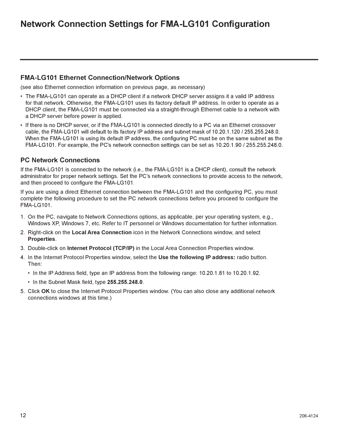 LG Electronics Network Connection Settings for FMA-LG101 Configuration, FMA-LG101 Ethernet Connection/Network Options 