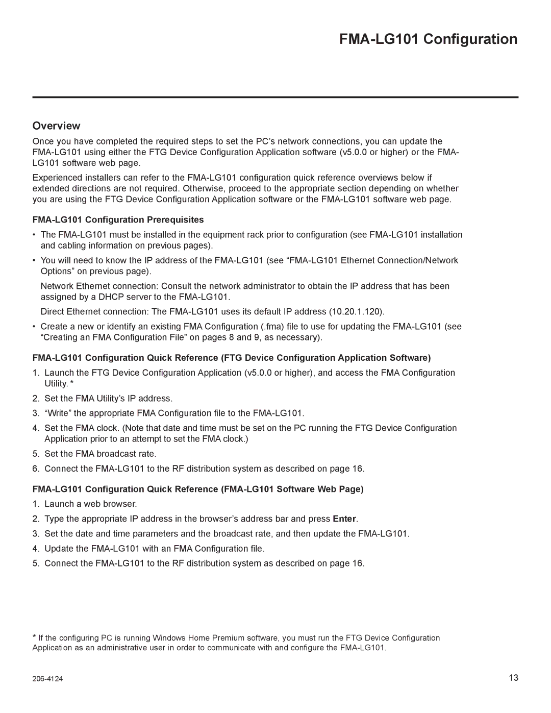 LG Electronics warranty Overview, FMA-LG101 Configuration Prerequisites 