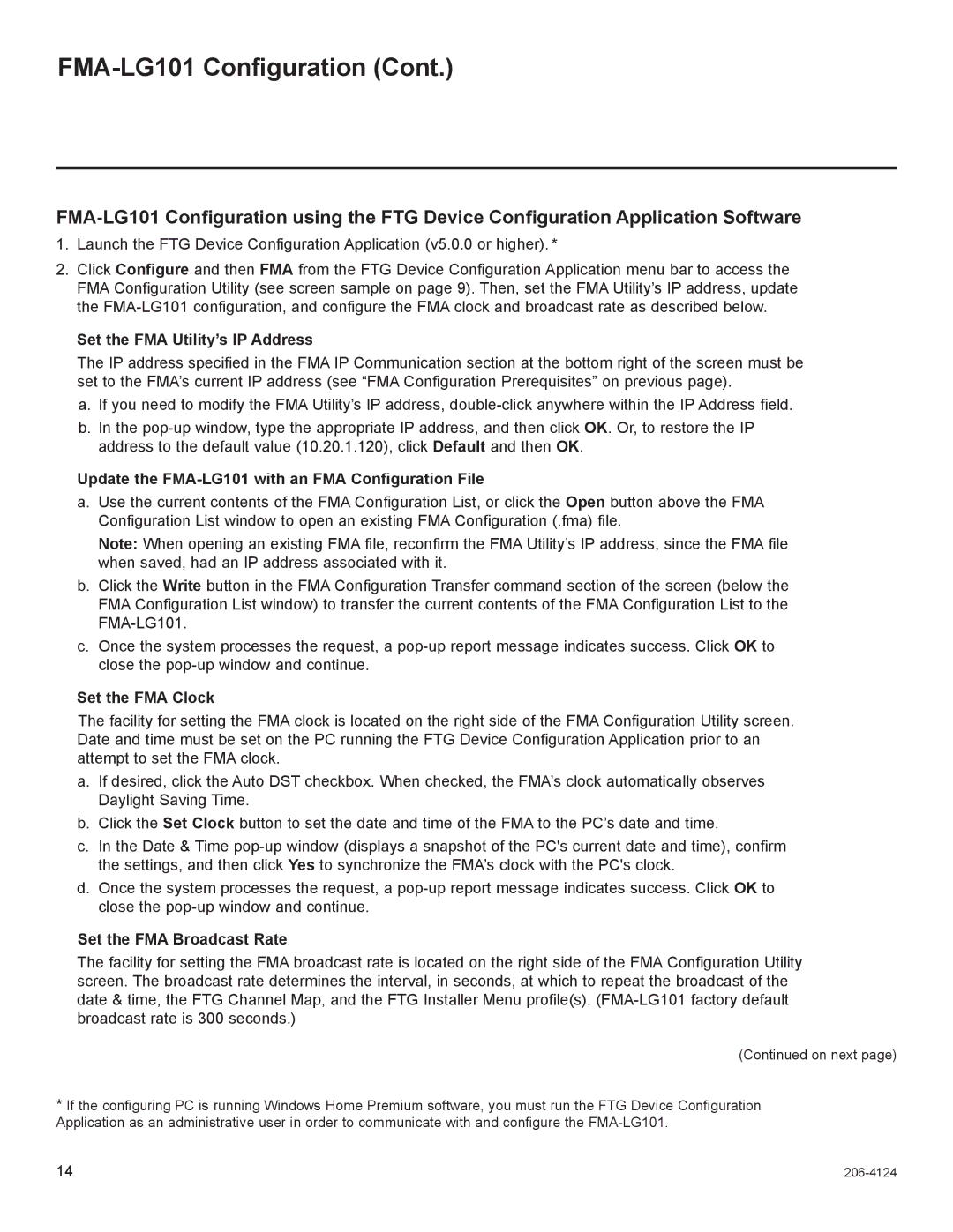 LG Electronics Set the FMA Utility’s IP Address, Update the FMA-LG101 with an FMA Configuration File, Set the FMA Clock 