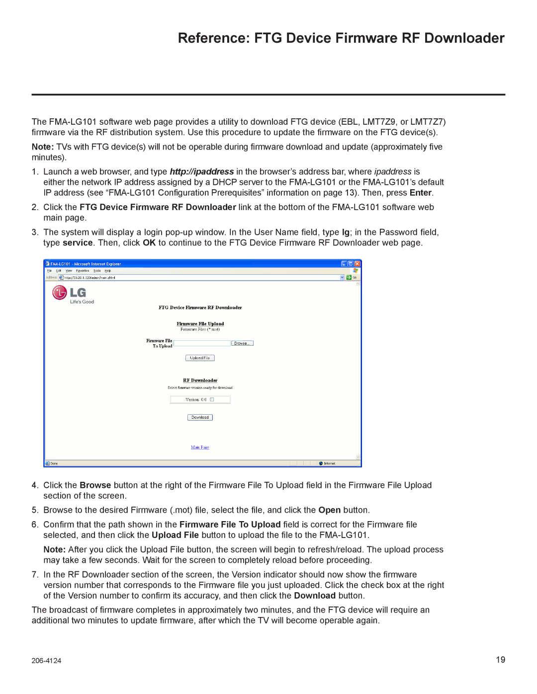 LG Electronics FMA-LG101 warranty Reference FTG Device Firmware RF Downloader 