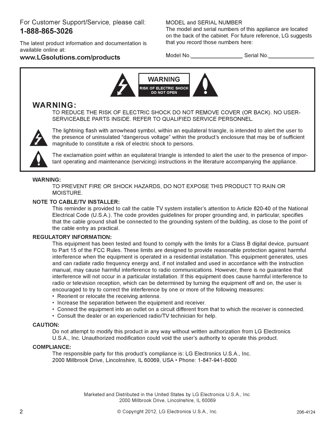 LG Electronics FMA-LG101 warranty For Customer Support/Service, please call­ 