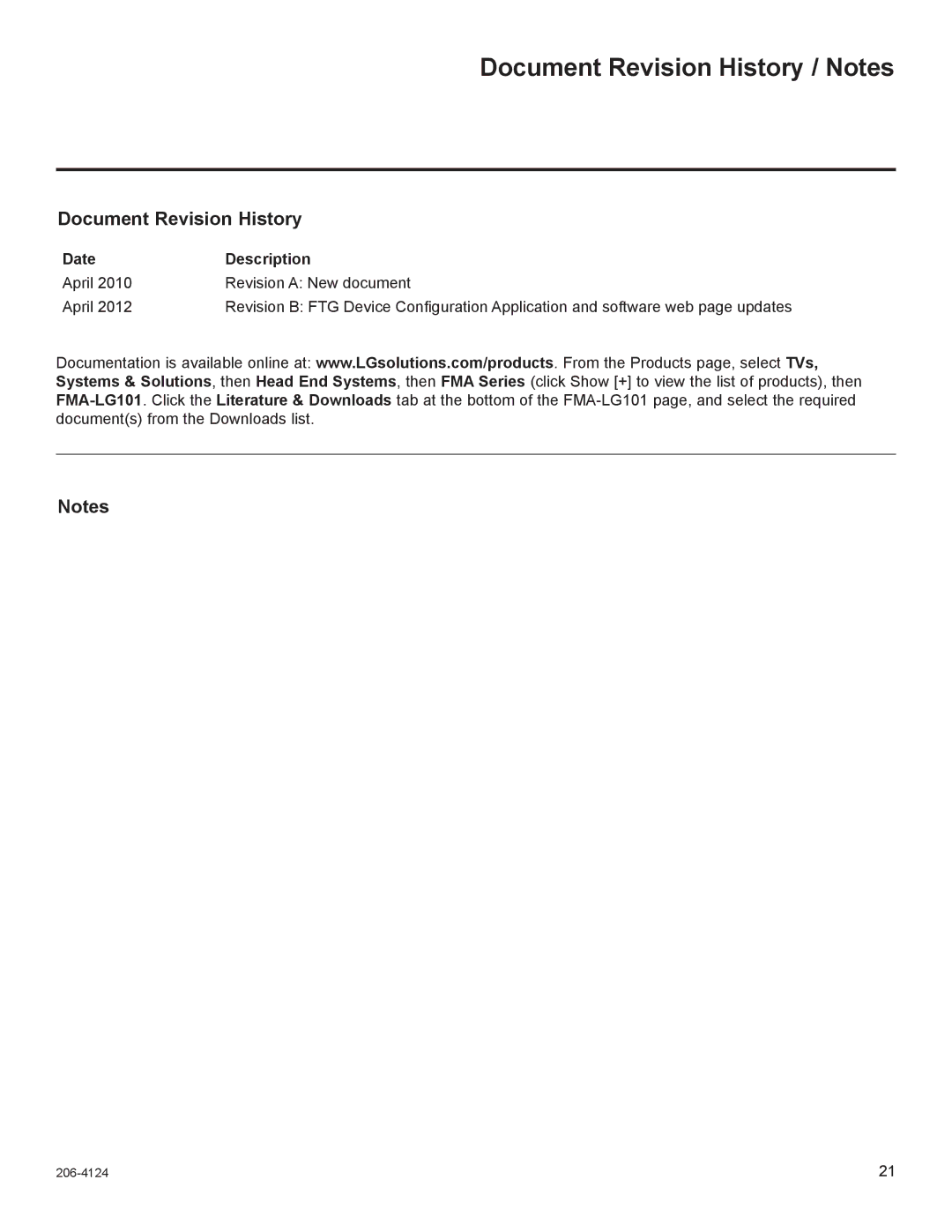 LG Electronics FMA-LG101 warranty Document Revision History / Notes, Date Description 