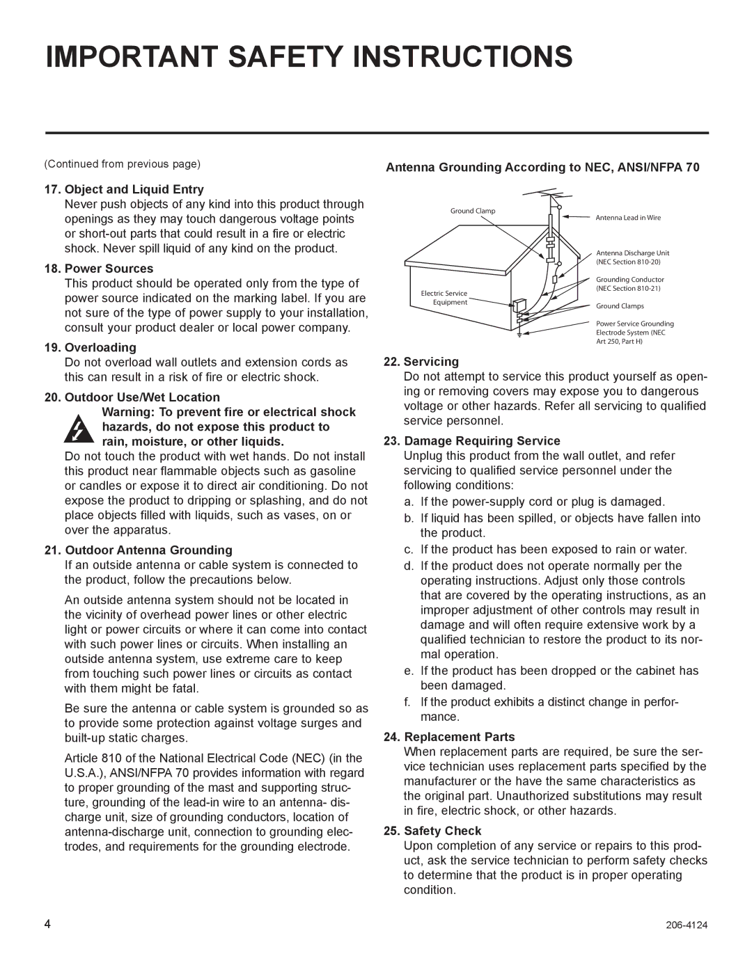 LG Electronics FMA-LG101 warranty Object and Liquid Entry, Power Sources, Overloading, Outdoor Use/Wet Location, Servicing 