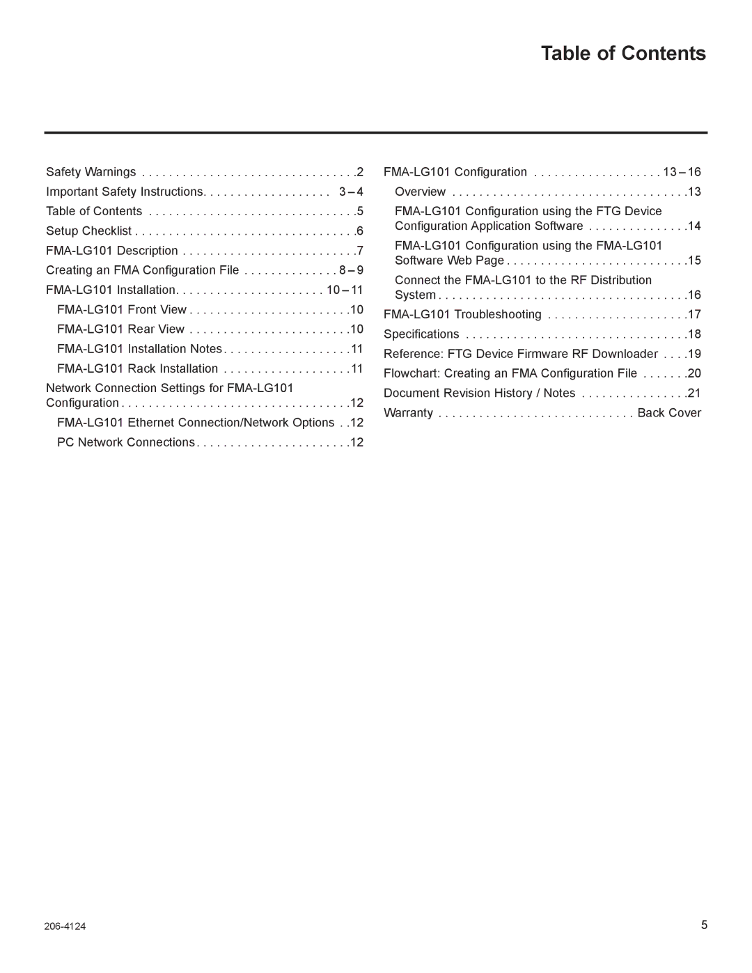 LG Electronics FMA-LG101 warranty Table of Contents 