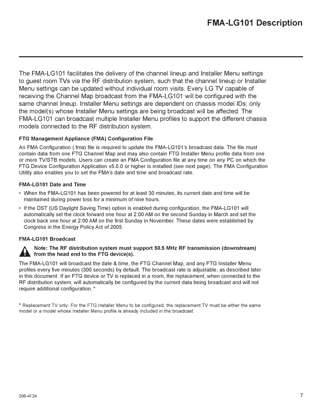 LG Electronics warranty FMA-LG101 Description, FTG Management Appliance FMA Configuration File, FMA-LG101 Date and Time 