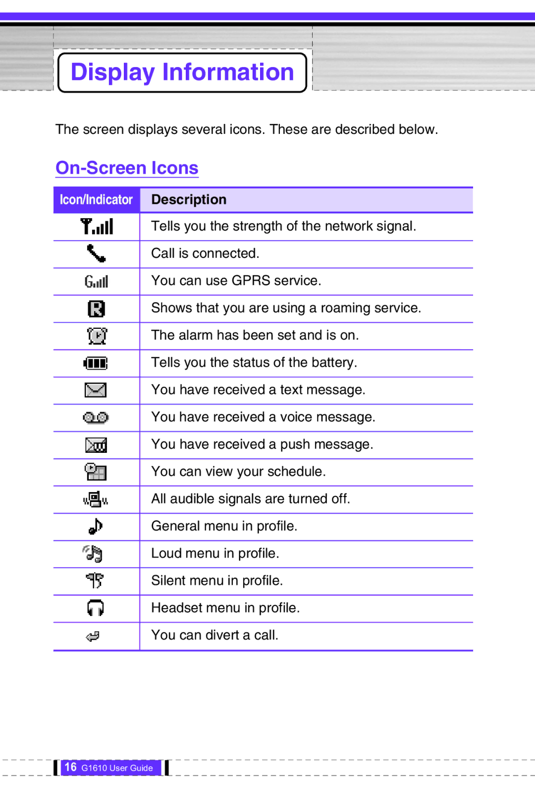 LG Electronics G1610 user manual Display Information, On-Screen Icons 