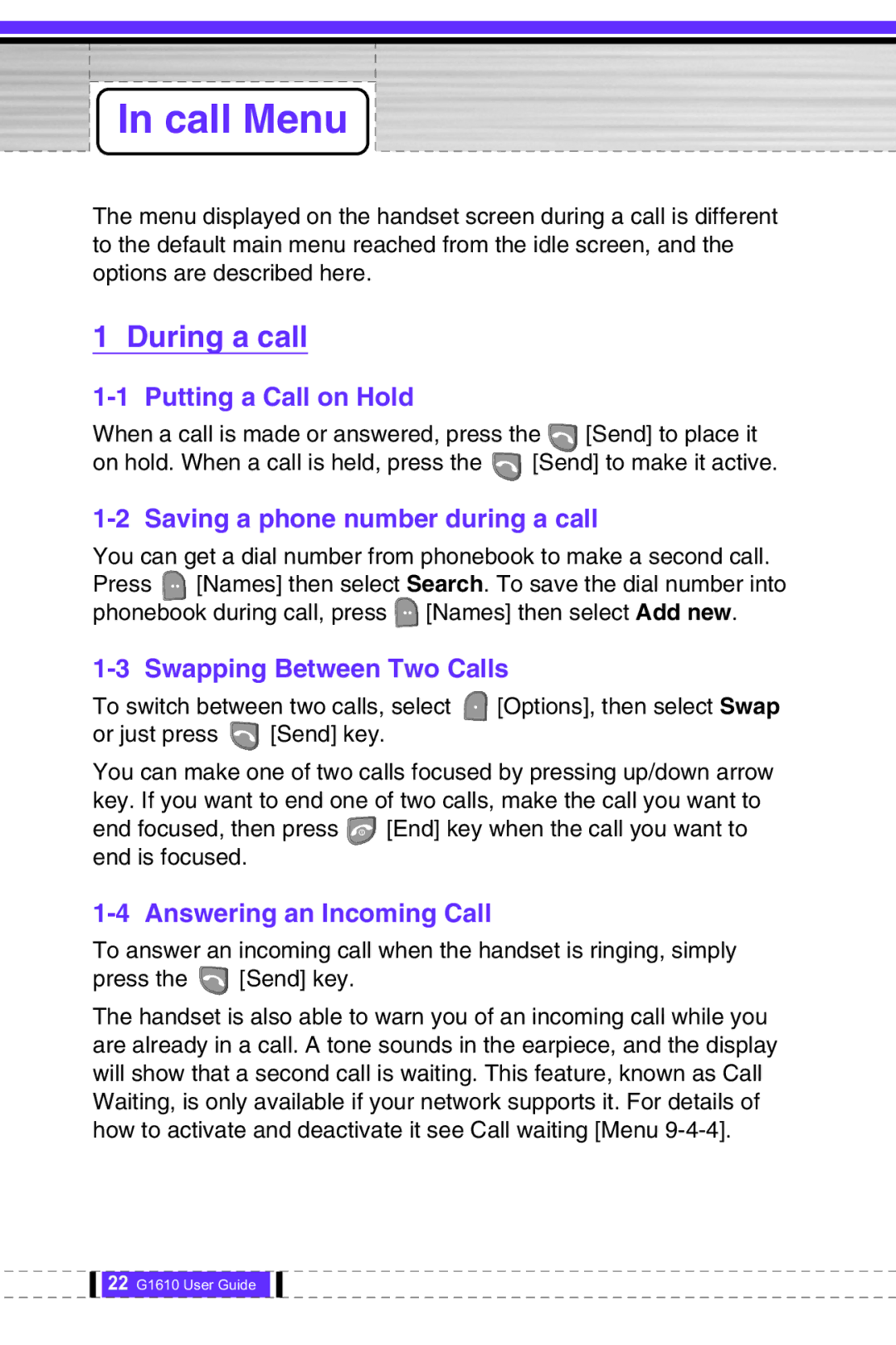 LG Electronics G1610 user manual Call Menu, During a call 