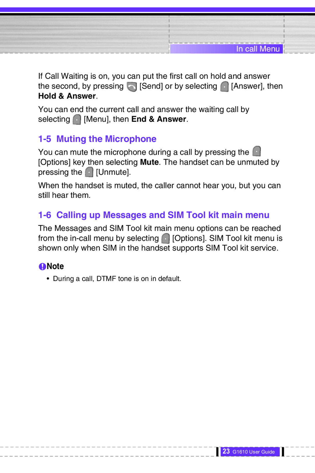 LG Electronics G1610 user manual Muting the Microphone, Calling up Messages and SIM Tool kit main menu 