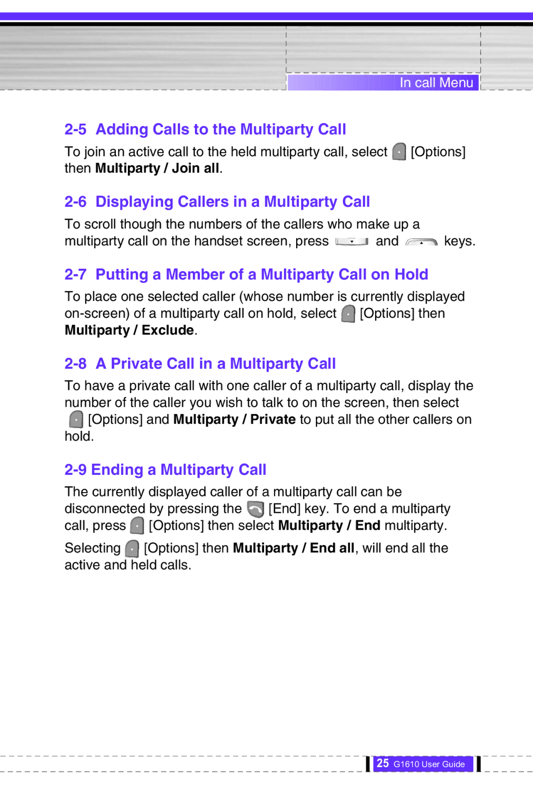 LG Electronics G1610 user manual Adding Calls to the Multiparty Call, Displaying Callers in a Multiparty Call 