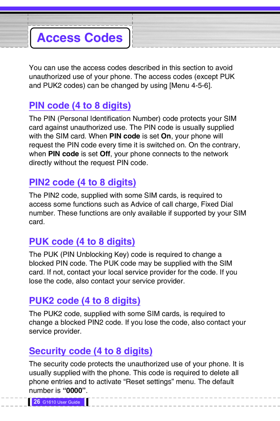 LG Electronics G1610 user manual Access Codes 