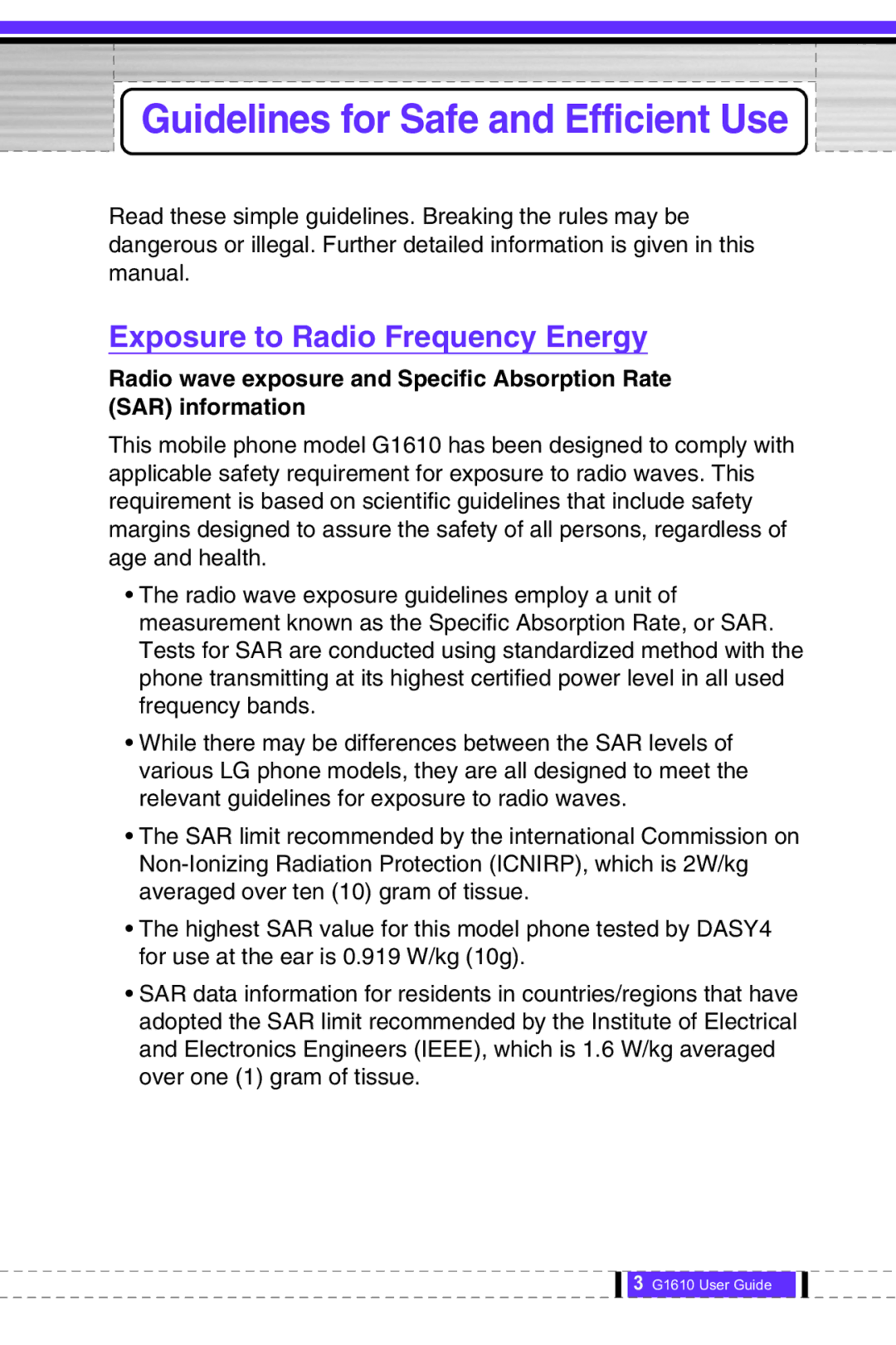 LG Electronics G1610 user manual Guidelines for Safe and Efficient Use, Exposure to Radio Frequency Energy 