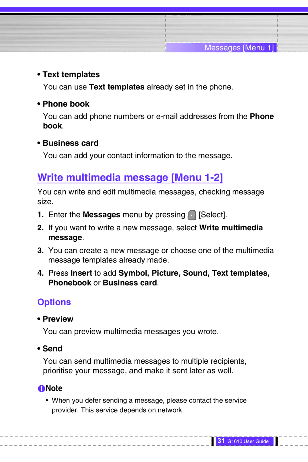 LG Electronics G1610 user manual Write multimedia message Menu, Text templates, Phone book, Business card, Preview 