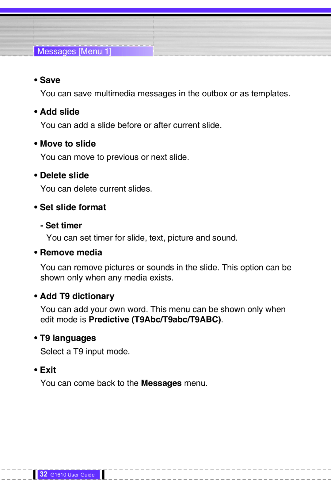 LG Electronics G1610 user manual Add slide, Move to slide, Delete slide, Set slide format Set timer, Remove media 