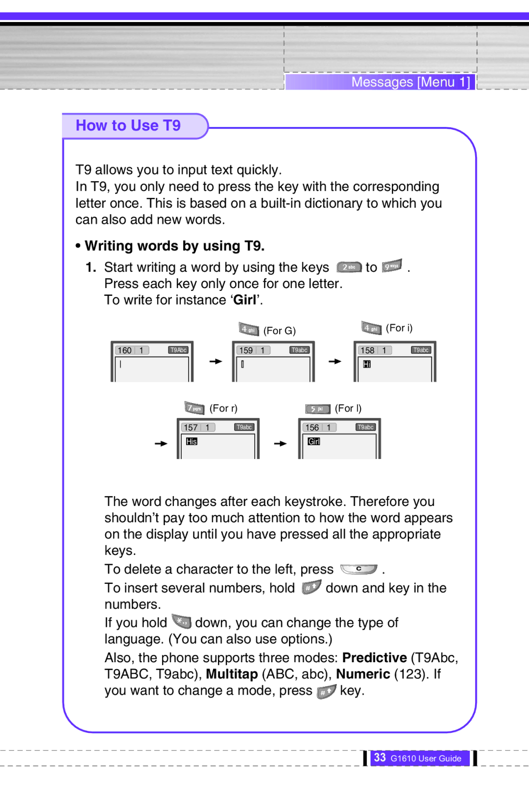 LG Electronics G1610 user manual How to Use T9, Writing words by using T9 