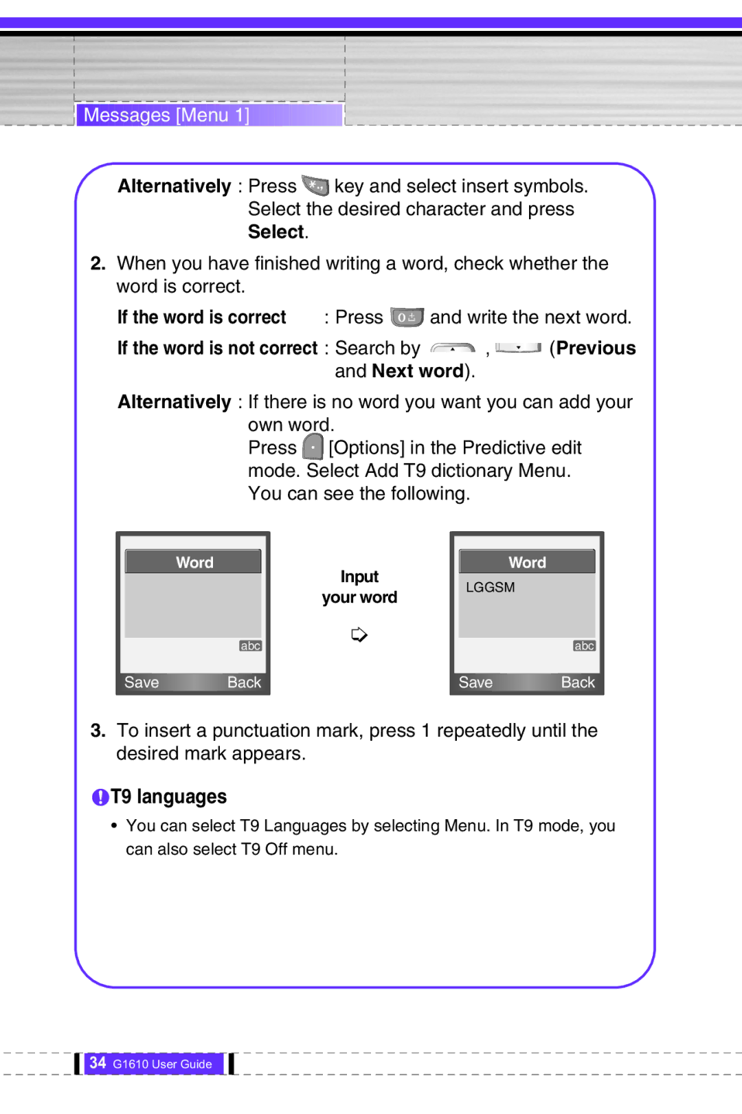 LG Electronics G1610 user manual NT9 languages 