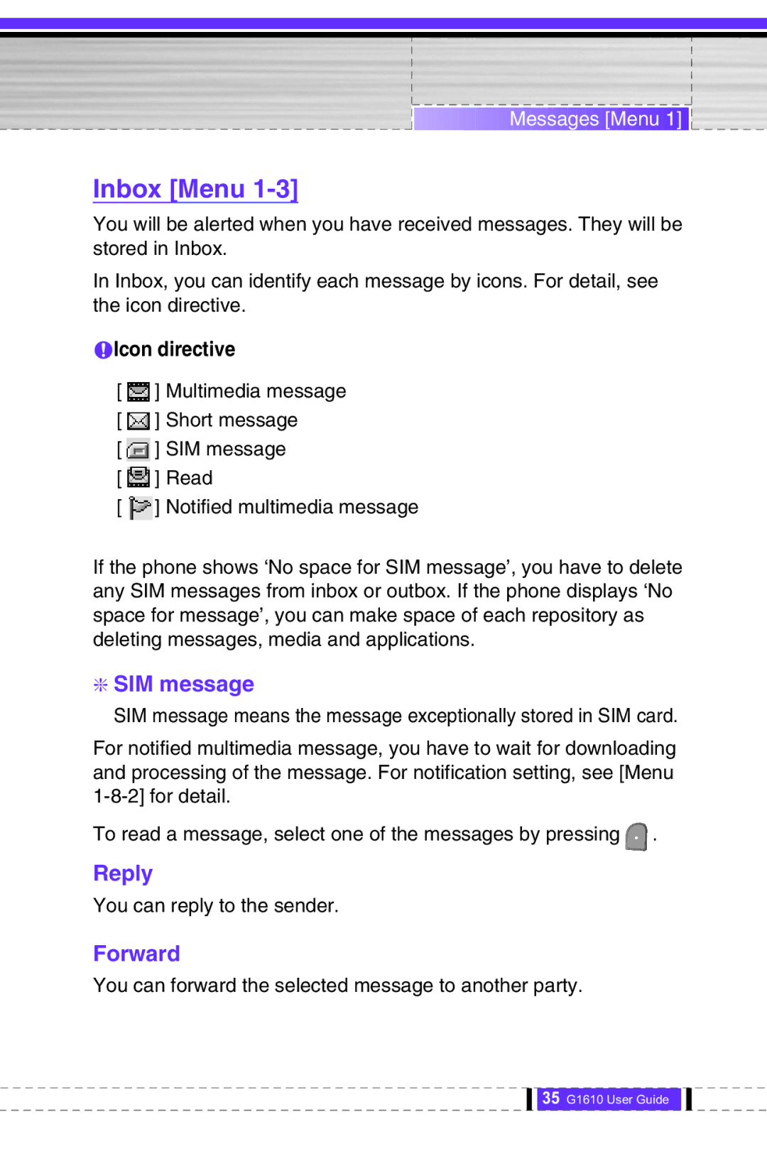 LG Electronics G1610 user manual Inbox Menu, SIM message, Reply, Forward, NIcon directive 